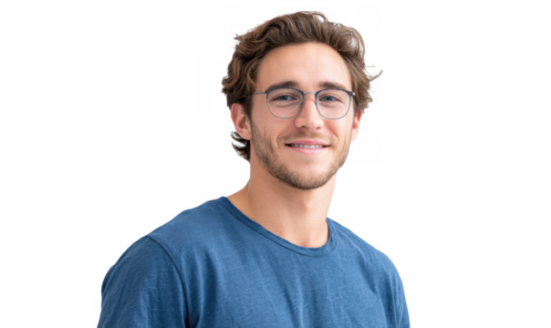 A young man with glasses smiles confidently while wearing a casual blue t-shirt. set against a clean white background. perfect for use in lifestyle and personal branding contexts