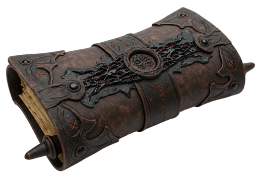 Closeup of an ornately bound tome with metal trim runic inscriptions and rolled parchment pages set against a black backdrop