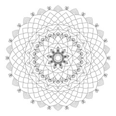 A hand-drawn freeform mandala coloring page design on white background. Perfect for coloring book, decorative, digital artwork and POD use.