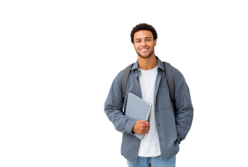 A young man stands confidently against a minimalist gray wall. holding a laptop and wearing a casual outfit. embodying a modern student lifestyle. with a sense of optimism and readiness for learning