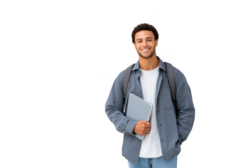 A young man stands confidently against a minimalist gray wall. holding a laptop and wearing a casual outfit. embodying a modern student lifestyle. with a sense of optimism and readiness for learning