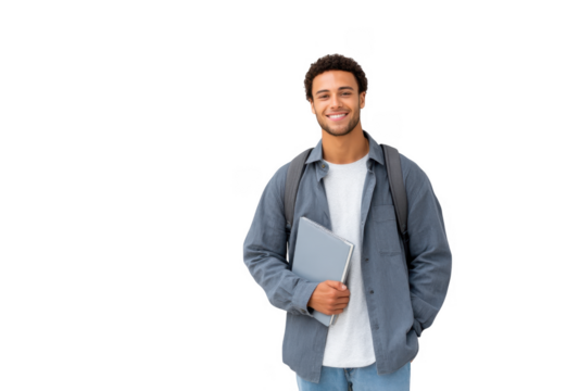 A young man stands confidently against a minimalist gray wall. holding a laptop and wearing a casual outfit. embodying a modern student lifestyle. with a sense of optimism and readiness for learning