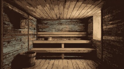 Interior of a Wooden Sauna with Benches and Bucket