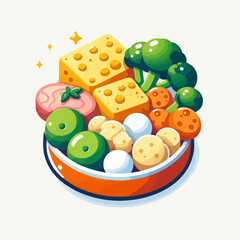 Vibrant graphic illustration of a bowl containing a variety of colorful foods like cheese, broccoli, and meatballs.  The style is cartoonish and visually appealing.