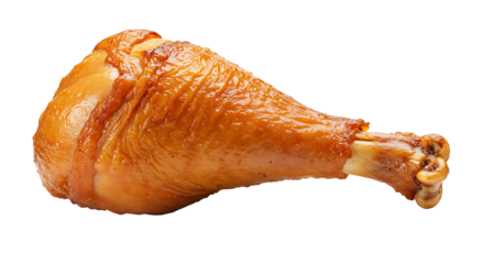 Cooked turkey leg with a dark brown shiny skin set against a stark black background Bone end visible