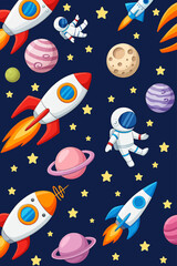 Cute cartoon space pattern featuring rockets, astronauts, planets and stars. Vector Patterns Random Pattern