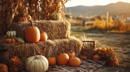A pile of pumpkins and hay in a field