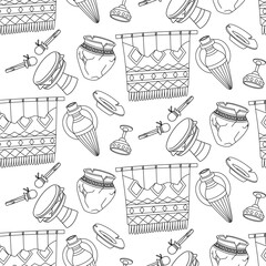 Pattern doodle museum artifacts. Jug, drum, carpet, dishes, cup. Human life activity. Suitable for designing websites, prints, books, children's and educational materials on history and culture
