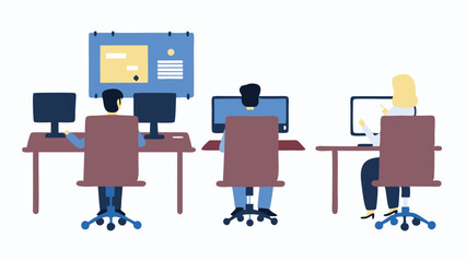 Illustration of three people sitting at desks working on computers in an office environment setting