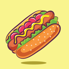 Hot dog vector illustration of fast food isolated on yellow background