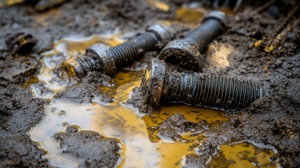 Fototapeta premium Rusty Bolts in Muddy Ground with Oil Puddle Detail Close-Up