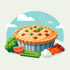 Vibrant, flat design graphic showcasing a meat pie surrounded by fresh vegetables.