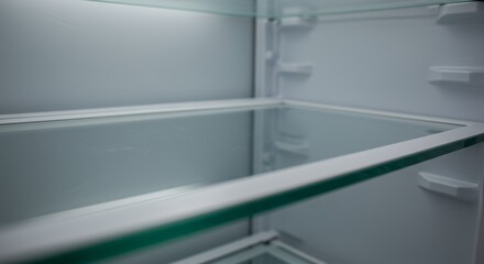 Empty Refrigerator Interior with Glass Shelves, Minimalist Design