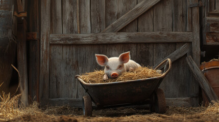 A cute piglet resting in a wheelbarrow filled with straw, parked beside a rustic wooden barn door.