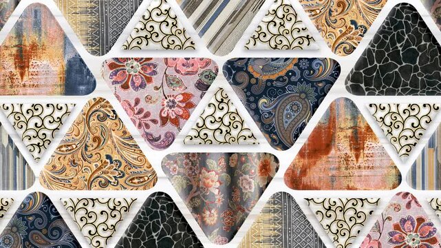 Decorative triangle tile pattern with floral, paisley, and abstract designs in mixed colors, ideal for wall, floor, and interior decor