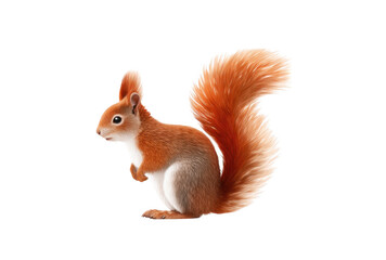 A vibrant. realistic illustration of a red squirrel standing on its hind legs. showcasing its fluffy tail and detailed fur against a clean white background. ideal for nature-themed projects