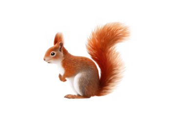 A vibrant. realistic illustration of a red squirrel standing on its hind legs. showcasing its fluffy tail and detailed fur against a clean white background. ideal for nature-themed projects