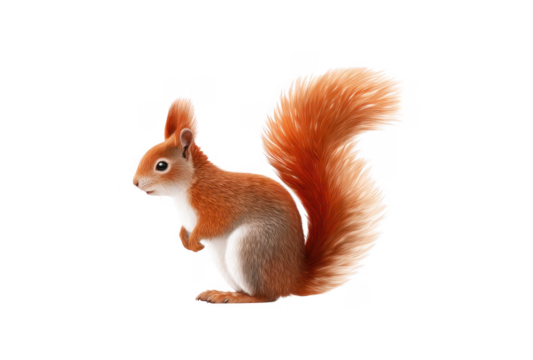 A vibrant. realistic illustration of a red squirrel standing on its hind legs. showcasing its fluffy tail and detailed fur against a clean white background. ideal for nature-themed projects
