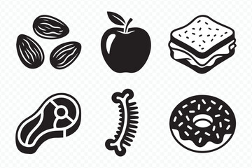 vector food illustrations in monochrome: apple, sandwich, steak, donut, almonds, fishbone symbols