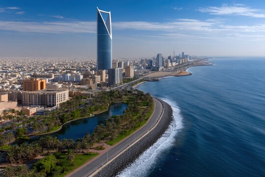 Coastal skyline features Kingdom Centre tower cityscape waterfront road calm sea and palm trees