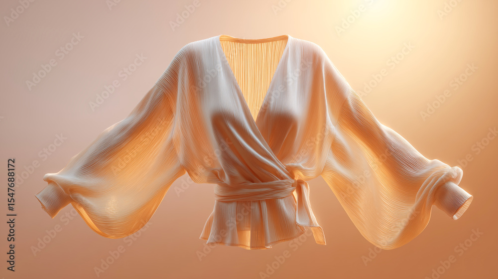 Poster A flowing garment is displayed in a gentle light, highlighting its intricate fabric texture and elegant drapery. The soft glow enhances the garment's design while creating a warm atmosphere.