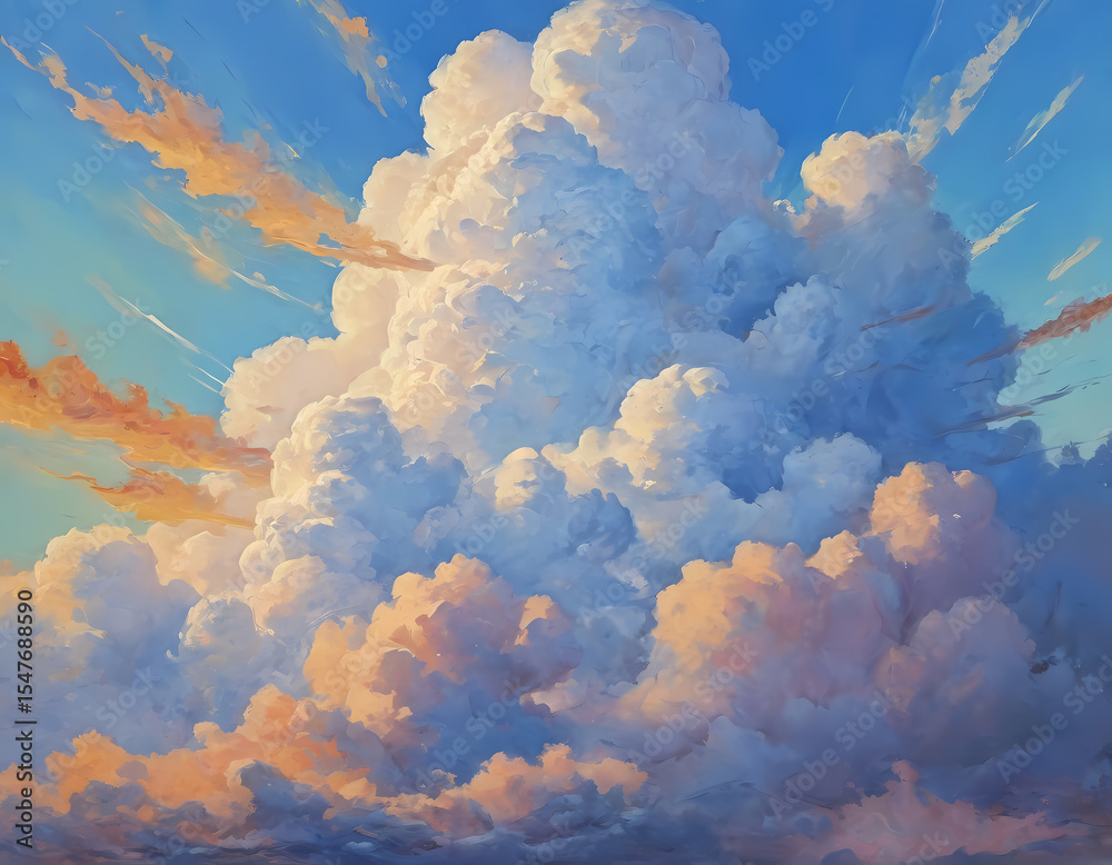 Poster a stunning display of dramatic clouds fills the sky with vibrant hues as the sun sets. the artwork c