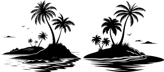 Tropical Island Paradise Silhouettes - Palm Trees, Ocean, and Beach Scenery