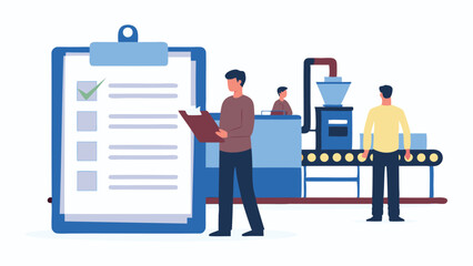 Illustration of a factory setting with workers, conveyor belt, and a clipboard with a checklist shown
