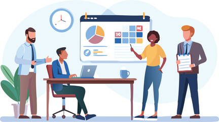 Illustration of a business meeting with a pie chart presentation and four people present in an office