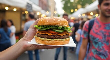 Delicious Gourmet Burger at a Vibrant Food Market