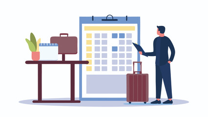 Man planning travel with calendar, suitcase, and briefcase in a bright and modern office setting scene