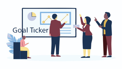 Obraz premium Group of people discussing a chart on a whiteboard with goal ticker and sitting person present too