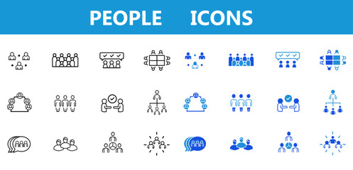 People line and flat icon set. Group, family, human, team, community, friends, population and seniors icons. Editable vector illustration