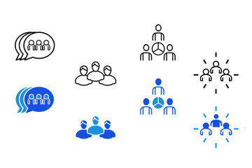 People line and flat icon set. Group, family, human, team, community, friends, population and seniors icons. Editable vector illustration