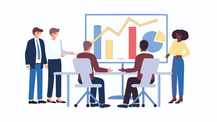 People at a business meeting discussing charts and graphs on a whiteboard in a light and airy office