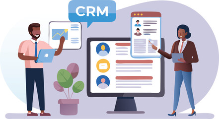 Two people presenting crm data on a computer screen with charts and customer profiles shown clearly