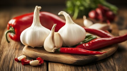 Fresh garlic bulbs and red chili peppers on cutting board for food ingredient branding photography concept