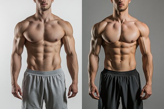 Before and after fitness transformation showing significant muscle gain and body definition