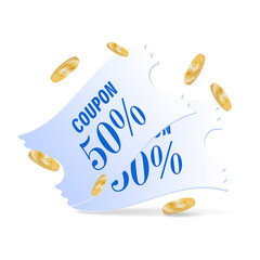 A 50% discount voucher and flying coins. A gift code or a bonus in the store. A special offer. Issuing purchase certificates. Advantages when making purchases. Store promotion. Vector concept