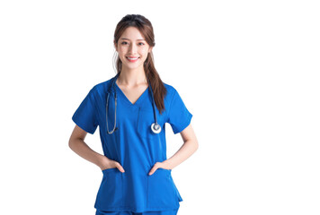 A smiling healthcare professional in blue scrubs stands confidently with hands in pockets. showcasing a stethoscope around her neck in a bright. minimalistic studio setting