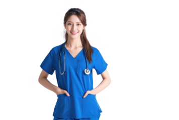 A smiling healthcare professional in blue scrubs stands confidently with hands in pockets. showcasing a stethoscope around her neck in a bright. minimalistic studio setting