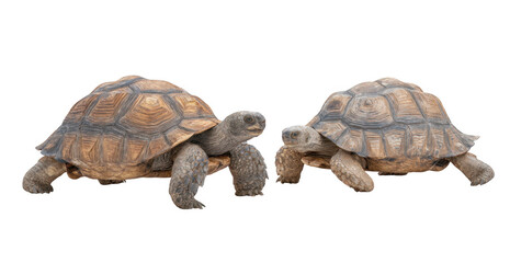 Two realistic tortoises moving across a clean white background. showcasing their textured shells and natural posture. ideal for educational and wildlife-themed projects