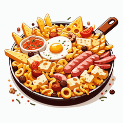 A delicious and hearty breakfast skillet filled with pasta, sausages, cheese, and a fried egg.