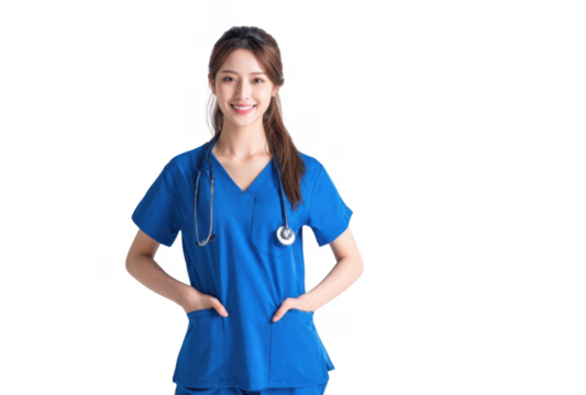 A smiling healthcare professional in blue scrubs stands confidently with hands in pockets. showcasing a stethoscope around her neck in a bright. minimalistic studio setting