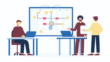 Team collaboration with flowchart on whiteboard and laptops in office environment for project discussion