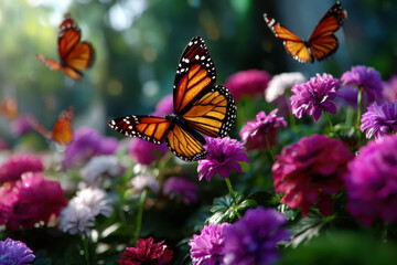 Obraz premium Beautiful butterflies fluttering among vibrant flowers in a warm garden during daylight
