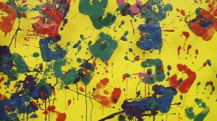 Colorful Handprints and Splatters on Yellow Backdrop: A Dynamic Artistic Expression - Powered by Adobe