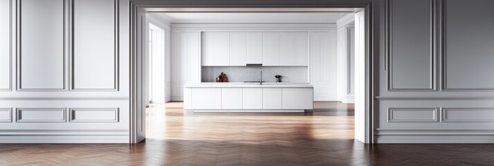 Fototapeta premium Modern classic kitchen design featuring minimalist white cabinetry and geometric elegance