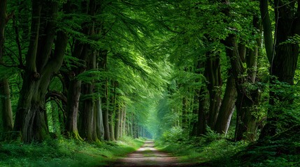 Obraz premium 8k Beautiful natural landscape background. Nature scene of a deep beech tree alley at the bottom