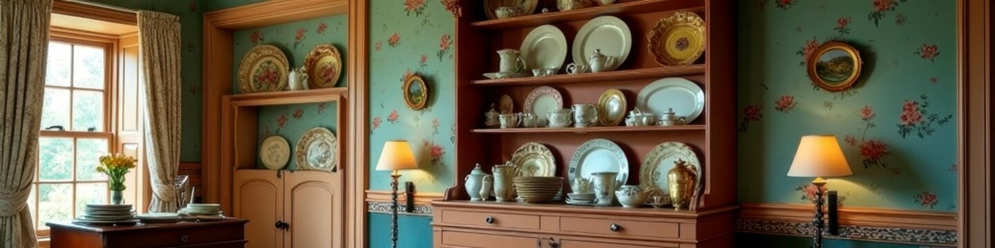 Vintage dining room interior with ornate china cabinet in floral wallpaper setting